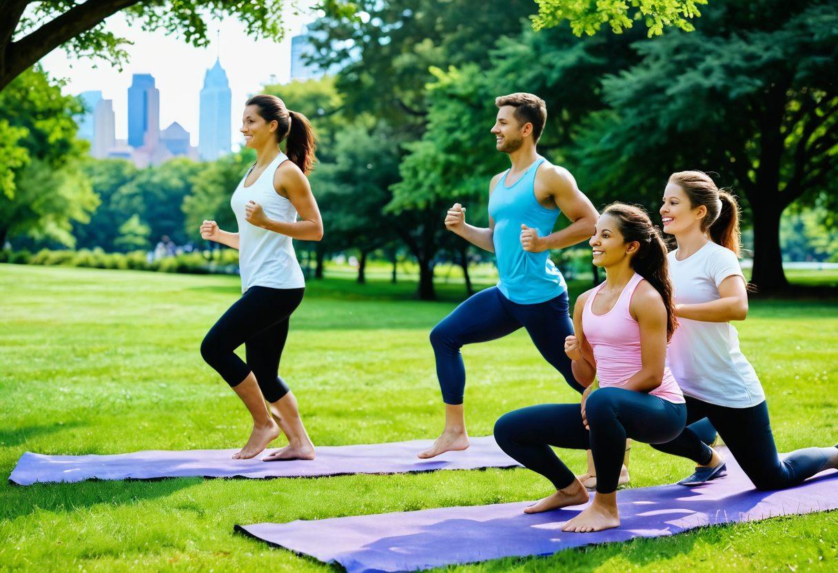 A harmonious family enjoying a healthy lifestyle at a picturesque park in New Jersey, featuring a diverse group happily engaging in activities like jogging, yoga, and picnicking with fresh fruits and vegetables. The backdrop showcases iconic NJ landscapes, such as lush greenery and the skyline. Incorporate elements of wellness like a water bottle, yoga mats, and family bonding moments. watercolor. vibrant colors. peaceful atmosphere.
