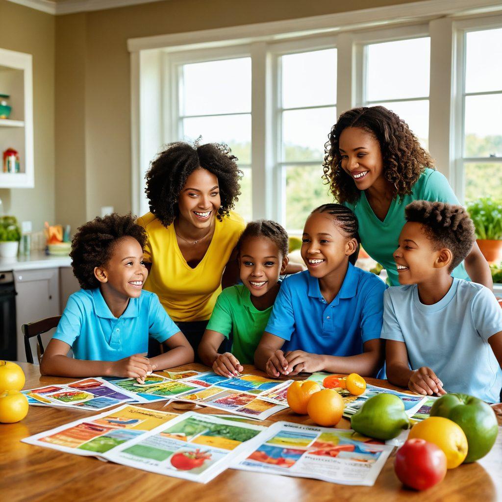 A joyful family gathered around a table, engaging in a fun health education activity, with colorful health pamphlets, fruits, and vegetables displayed. Background features a sunlit room with a window showing a scenic New Jersey landscape. Children participating with curiosity and enthusiasm. Vibrant colors. 3D illustration.