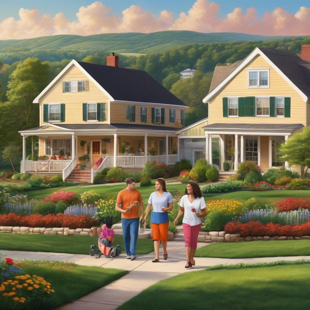 A cozy family scene in New Jersey, showcasing a diverse family engaged in healthy activities like cooking together and gardening. Surrounding them are vibrant icons representing community care, like a nurse, a teacher, and friendly neighbors. The background includes rolling hills and a charming suburban neighborhood. Incorporate warm and inviting colors to evoke a sense of home and community. super-realistic. vibrant colors. family-friendly.